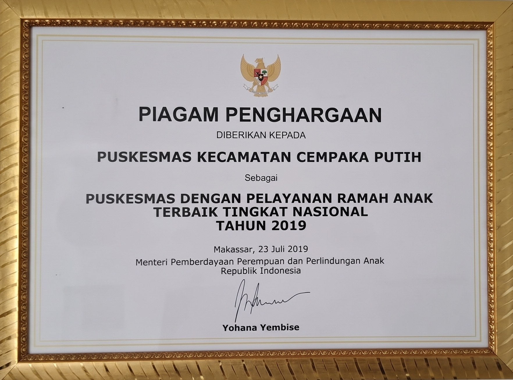 Piagam Penghargaan Tingkat Kementerian RI 2019